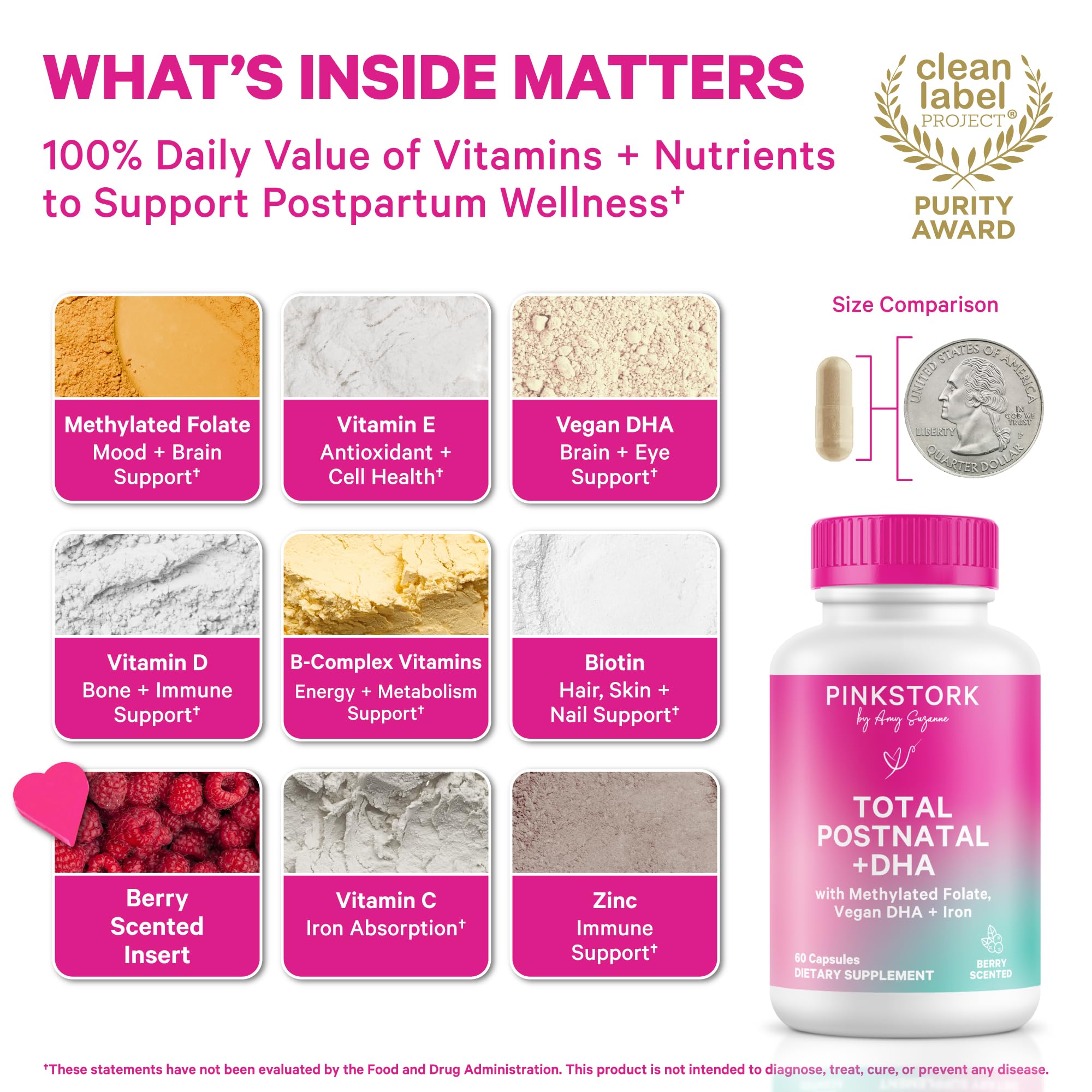 Pink Stork Total Postnatal ingredients label highlighting essential nutrients for recovery.