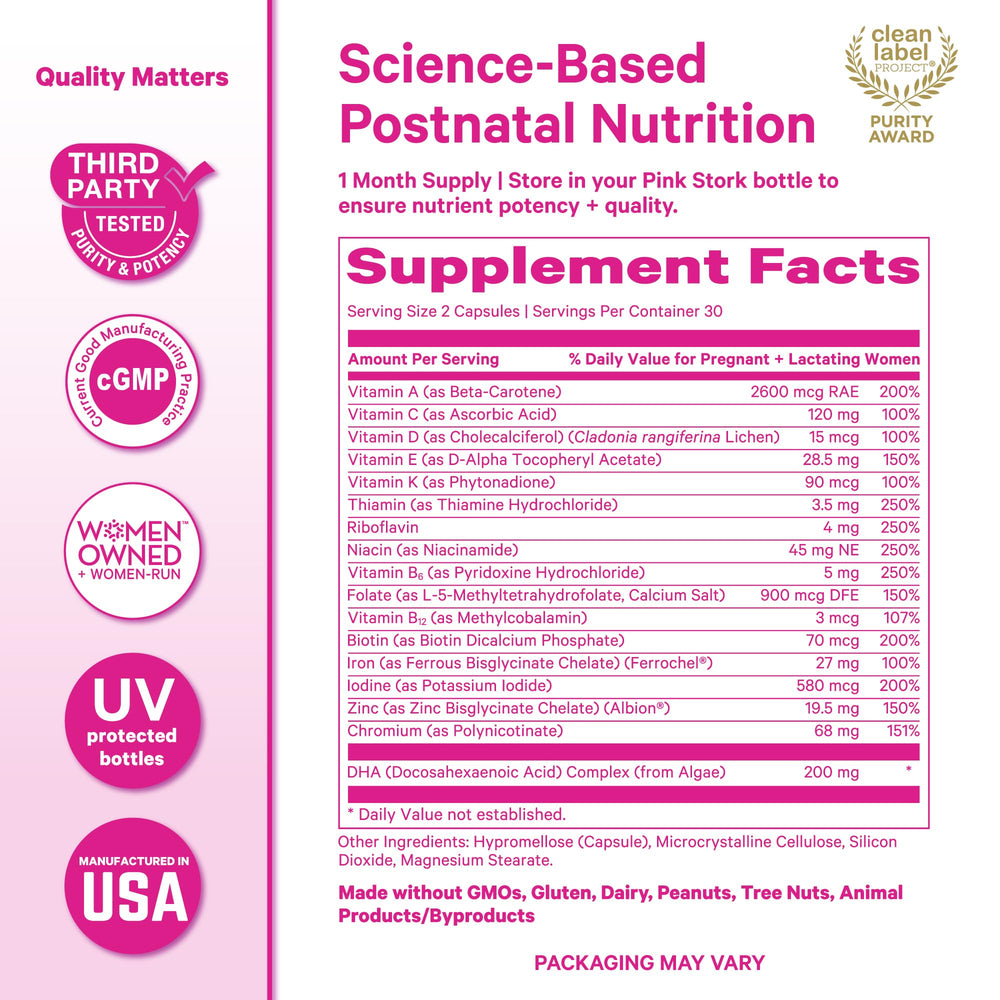 Vegan algae-based DHA icon on Pink Stork packaging for plant-based support