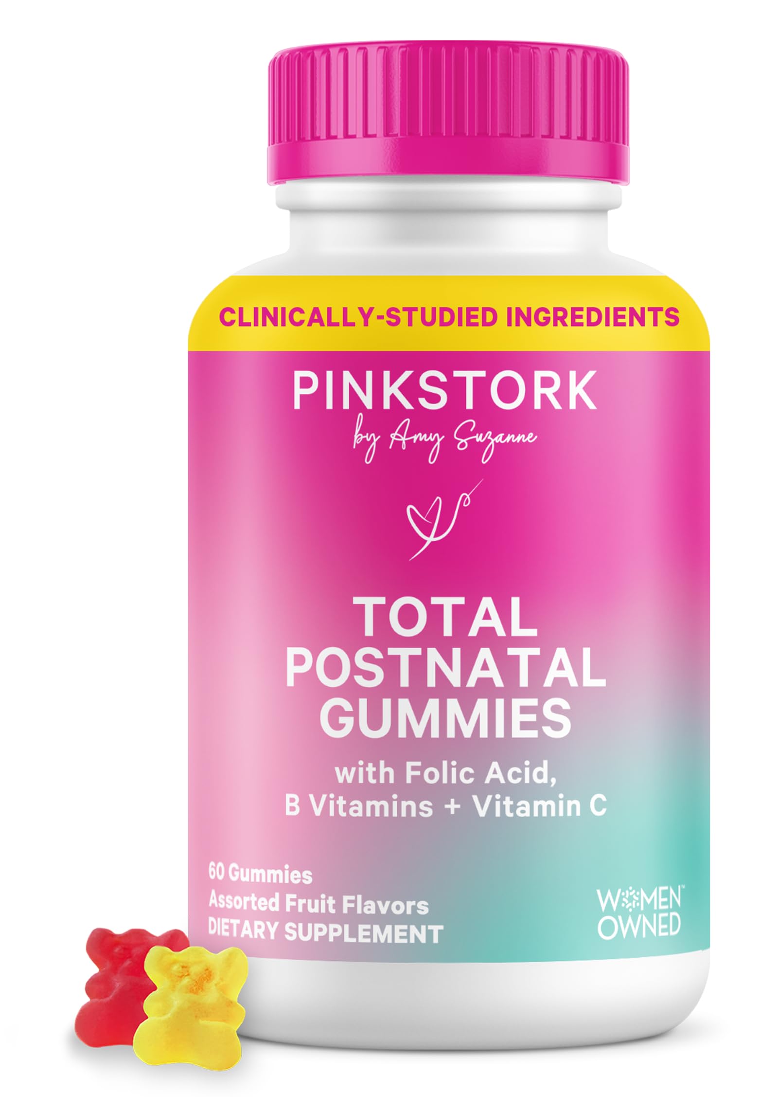 Pink Stork Total Postnatal gummies bottle for postpartum support