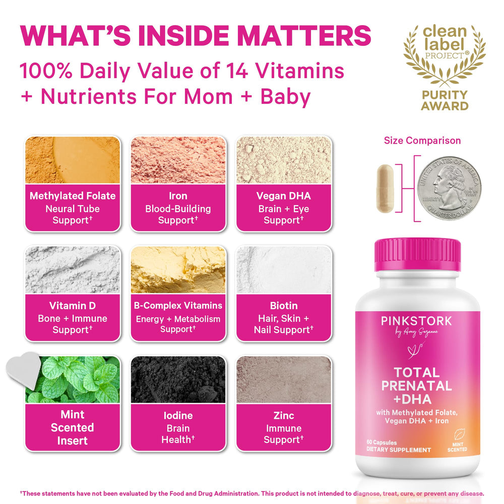Pink Stork Total Prenatal with 5-MTHF folate for bioavailable pregnancy support.