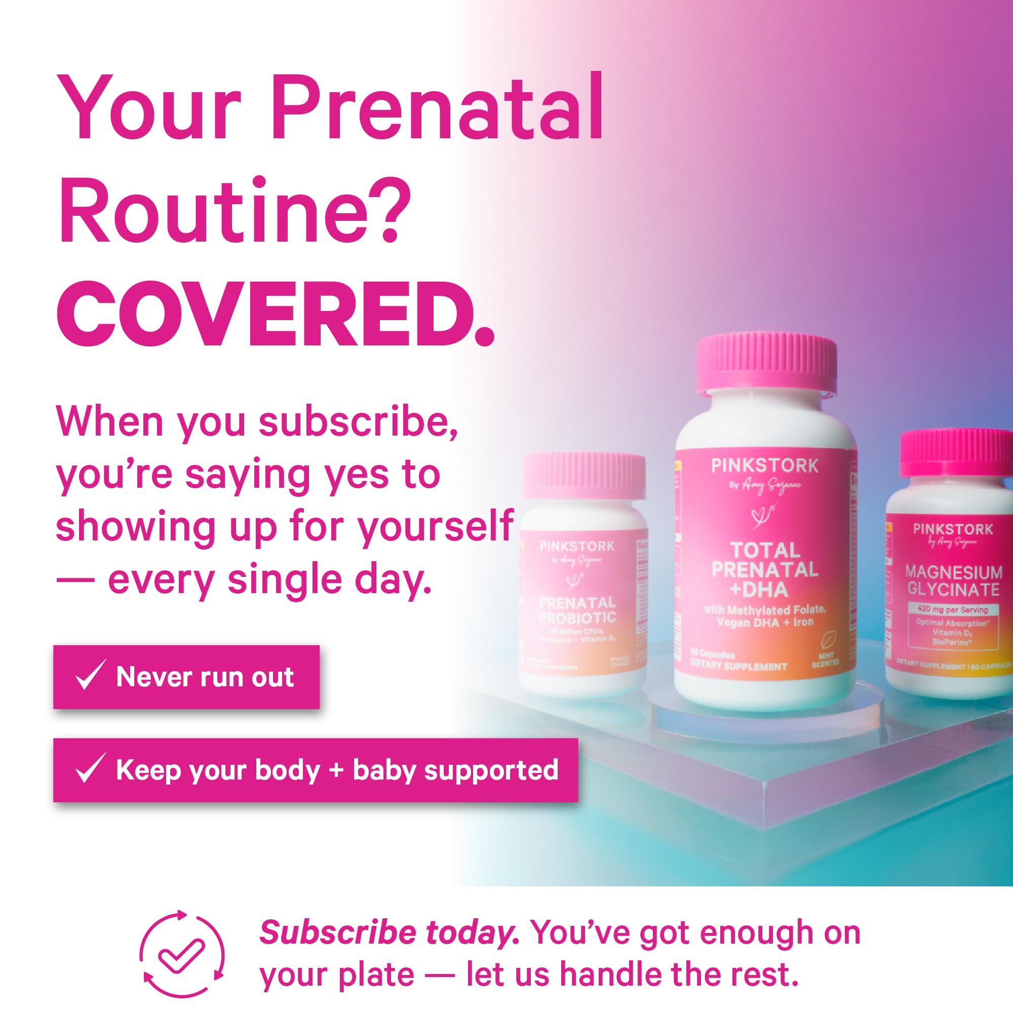 Pink Stork Total Prenatal choline for baby's cognitive development support.