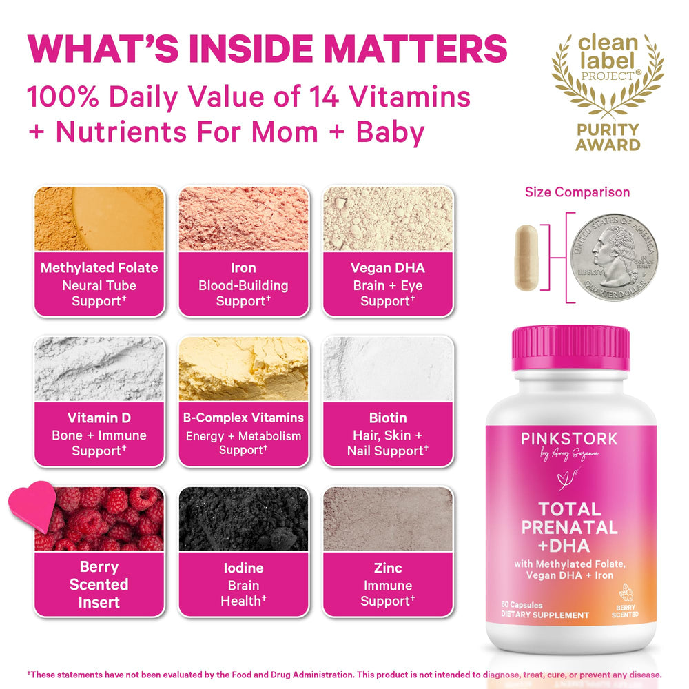 Pink Stork Total Prenatal DHA bottle label close-up showing nutrient-rich formula