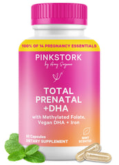 Pink Stork Total Prenatal DHA capsules for easy omega-3 intake during pregnancy.
