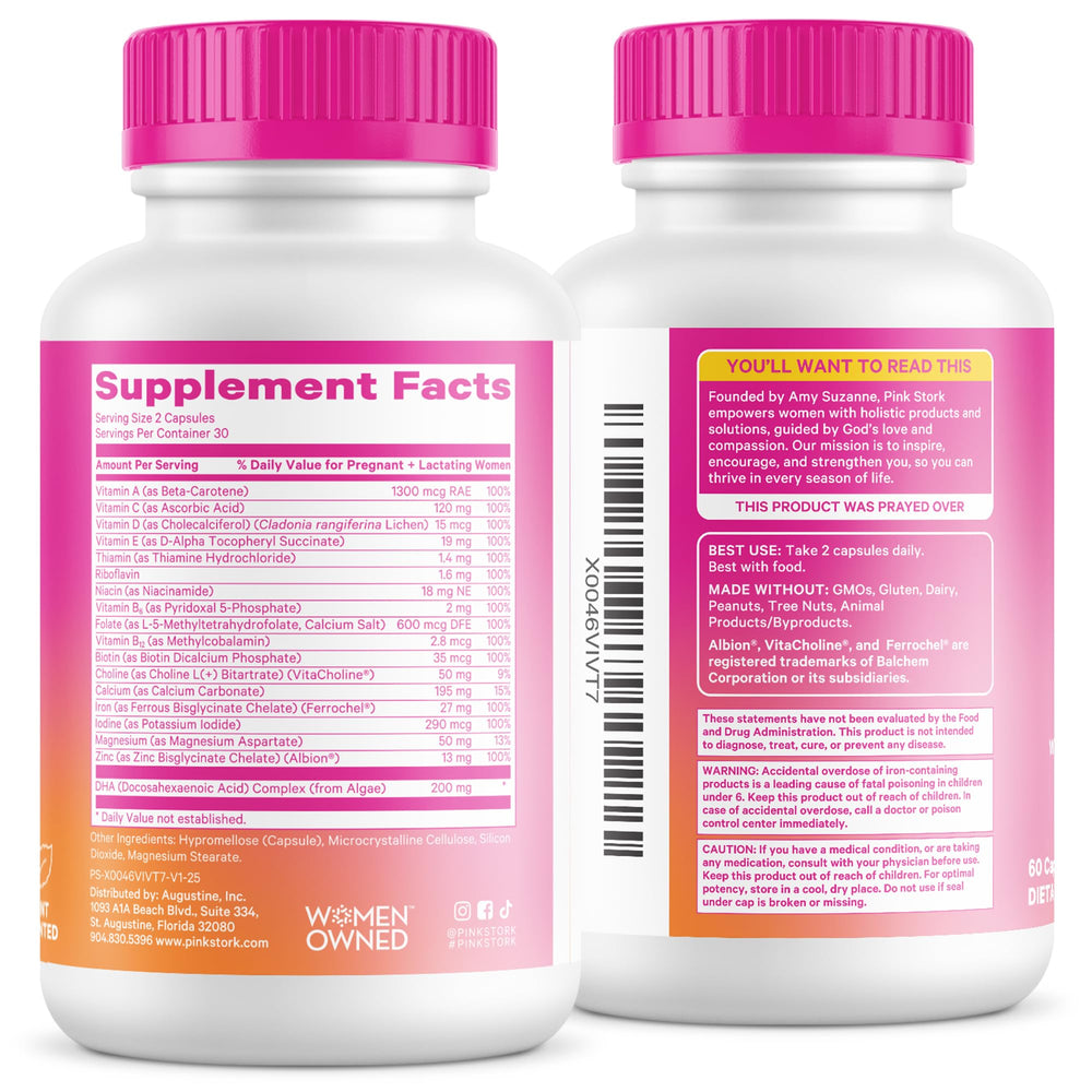 Pink Stork Total Prenatal two easy-to-swallow capsules fit busy mornings.