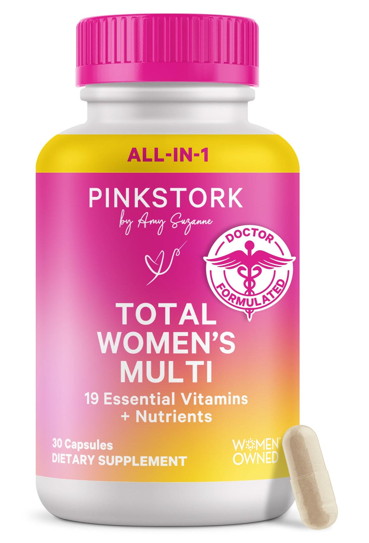 Pink Stork Total Women’s Multivitamin bottle supports daily energy and immune health.