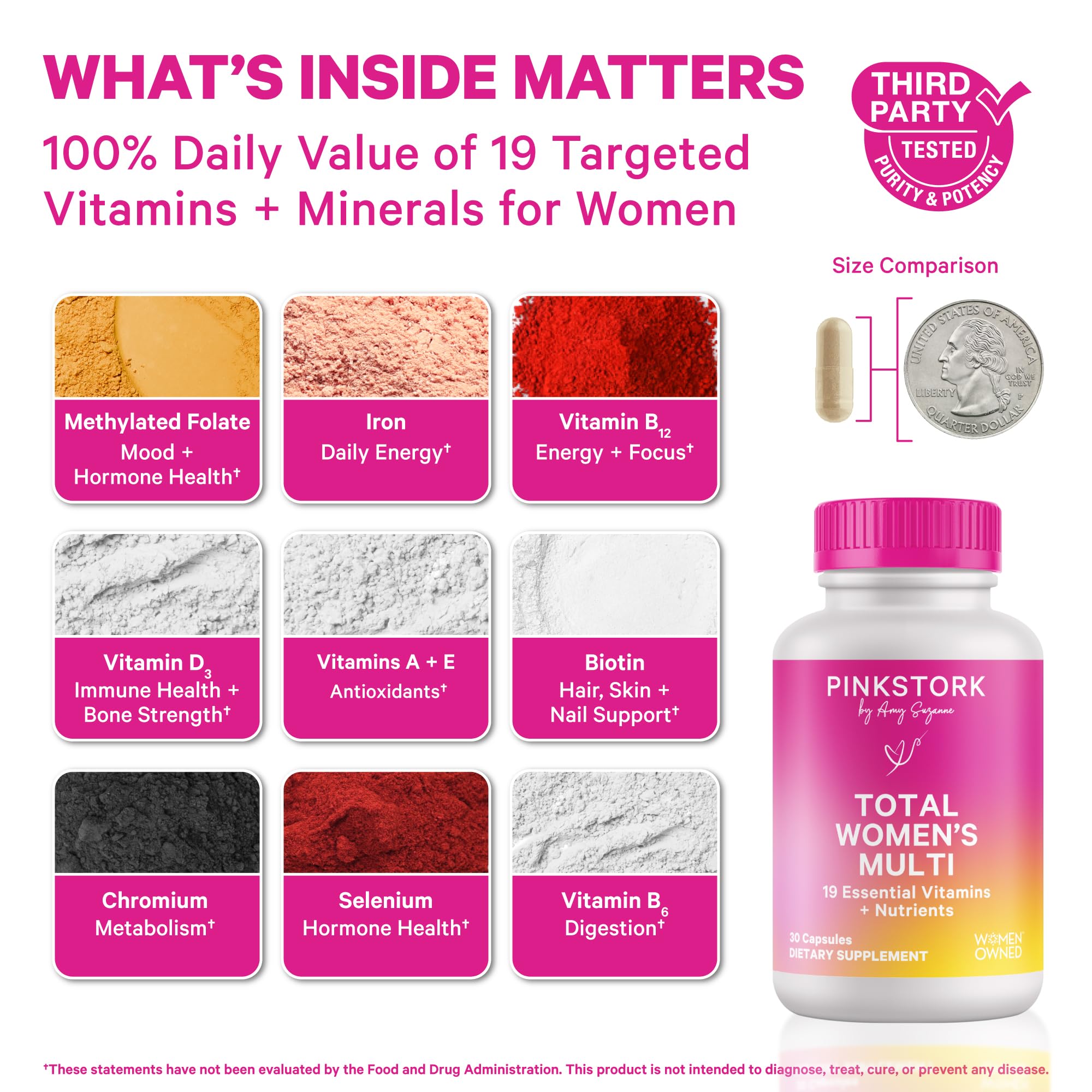 Pink Stork Total Women’s Multivitamin capsules close-up for nutrient support.
