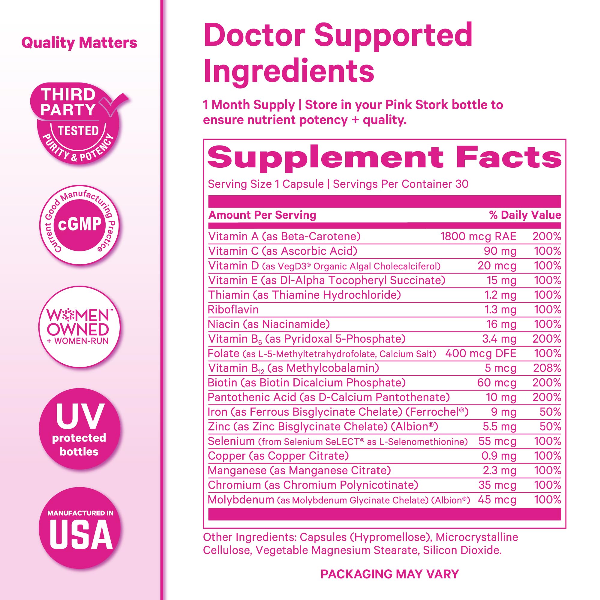 Pink Stork Total Women’s Multivitamin daily-use setup on countertop.