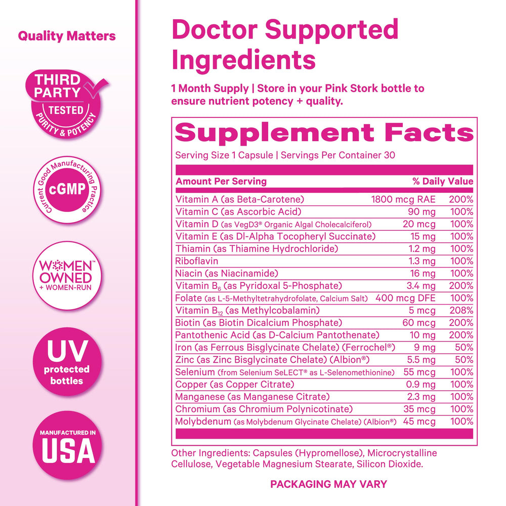 Pink Stork Total Women’s Multivitamin daily-use setup on countertop.