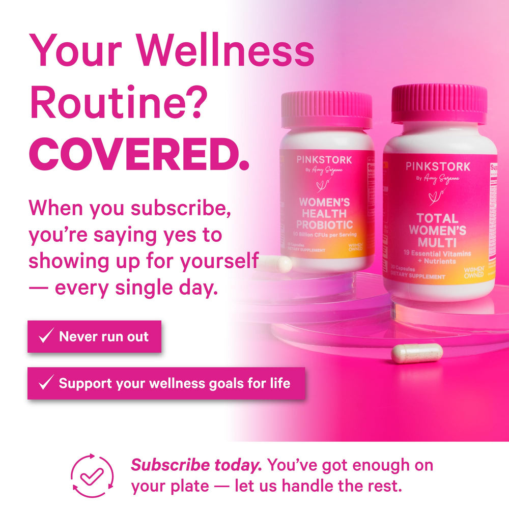 Pink Stork Total Women’s Multivitamin packaging on shelf signals comprehensive nutrition.