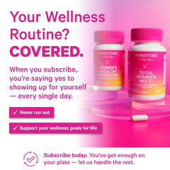 Pink Stork Total Women’s Multivitamin packaging on shelf signals comprehensive nutrition.