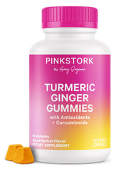 Pink Stork Turmeric Ginger Gummies bottle showing spiced apricot flavor for daily digestive support