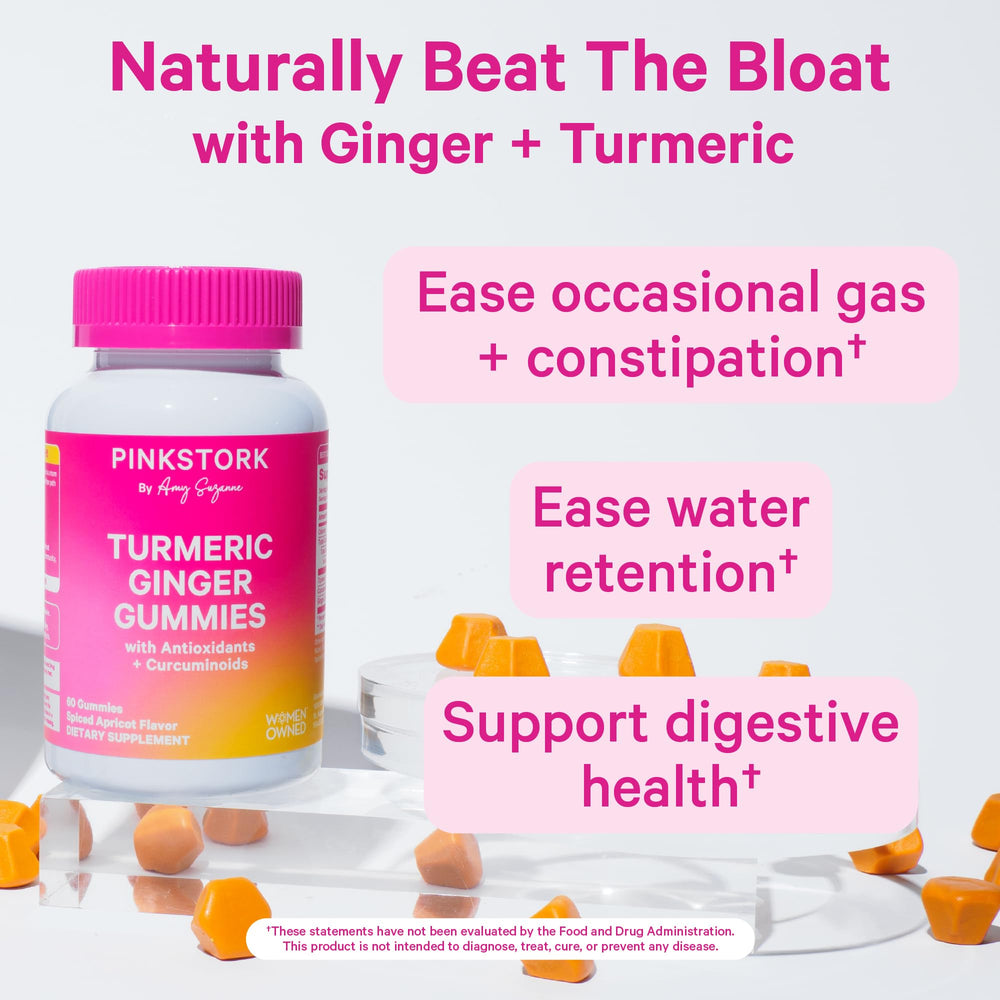Pink Stork Turmeric Ginger Gummies close-up highlighting apricot flavor for daily digestive support