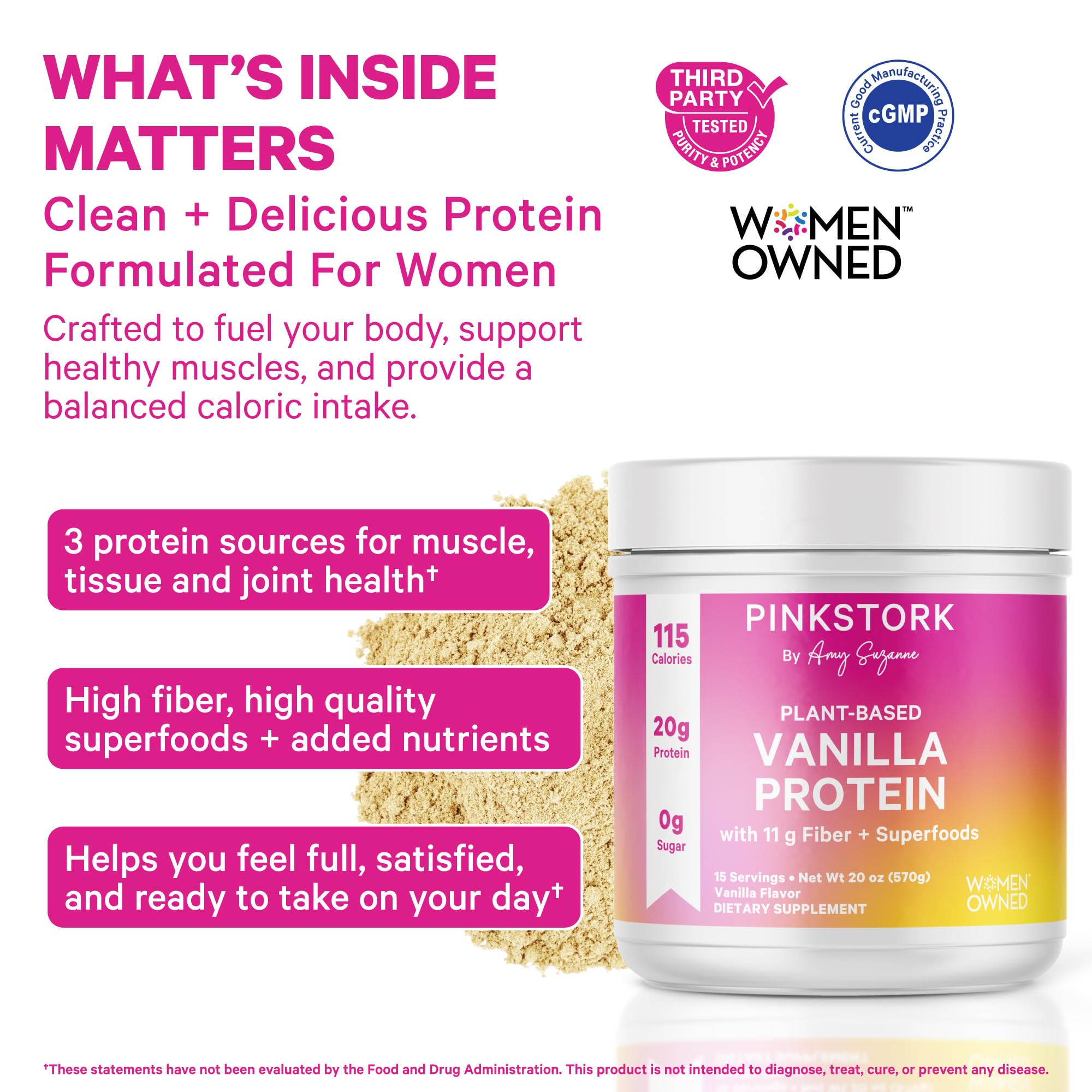 Pink Stork vanilla protein scoop for quick, convenient shakes