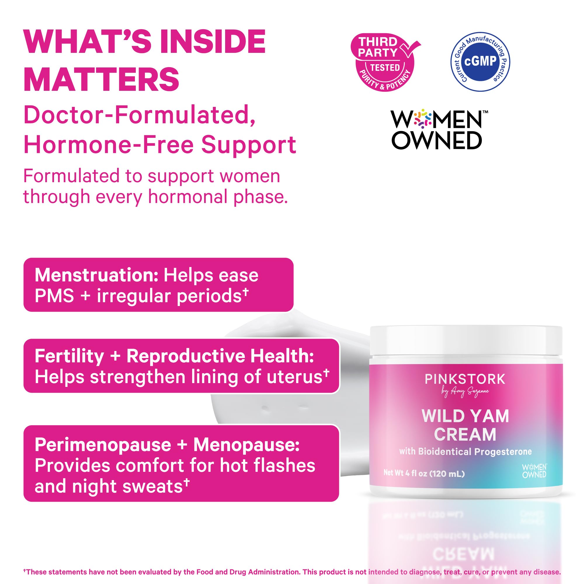 Pink Stork Wild Yam Cream application on the wrist for daily use.