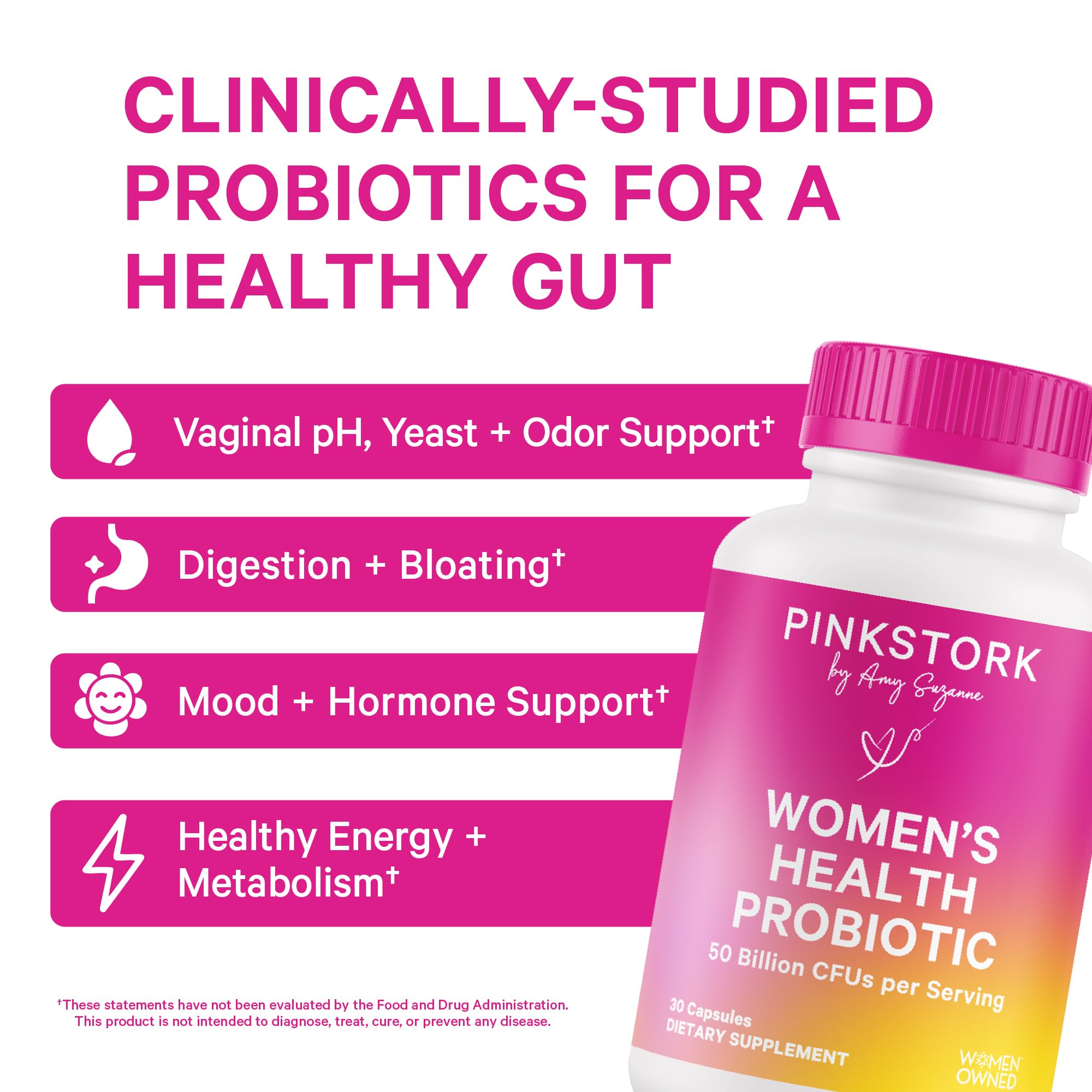 Pink Stork probiotic label close-up highlighting GR-1 and RC-14 strains for vaginal balance