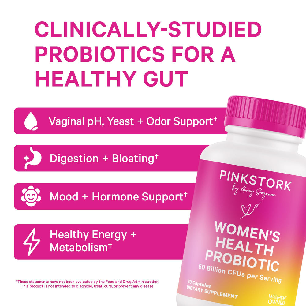 Pink Stork probiotic label close-up highlighting GR-1 and RC-14 strains for vaginal balance