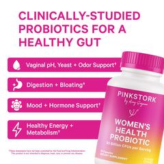 Pink Stork probiotic label close-up highlighting GR-1 and RC-14 strains for vaginal balance