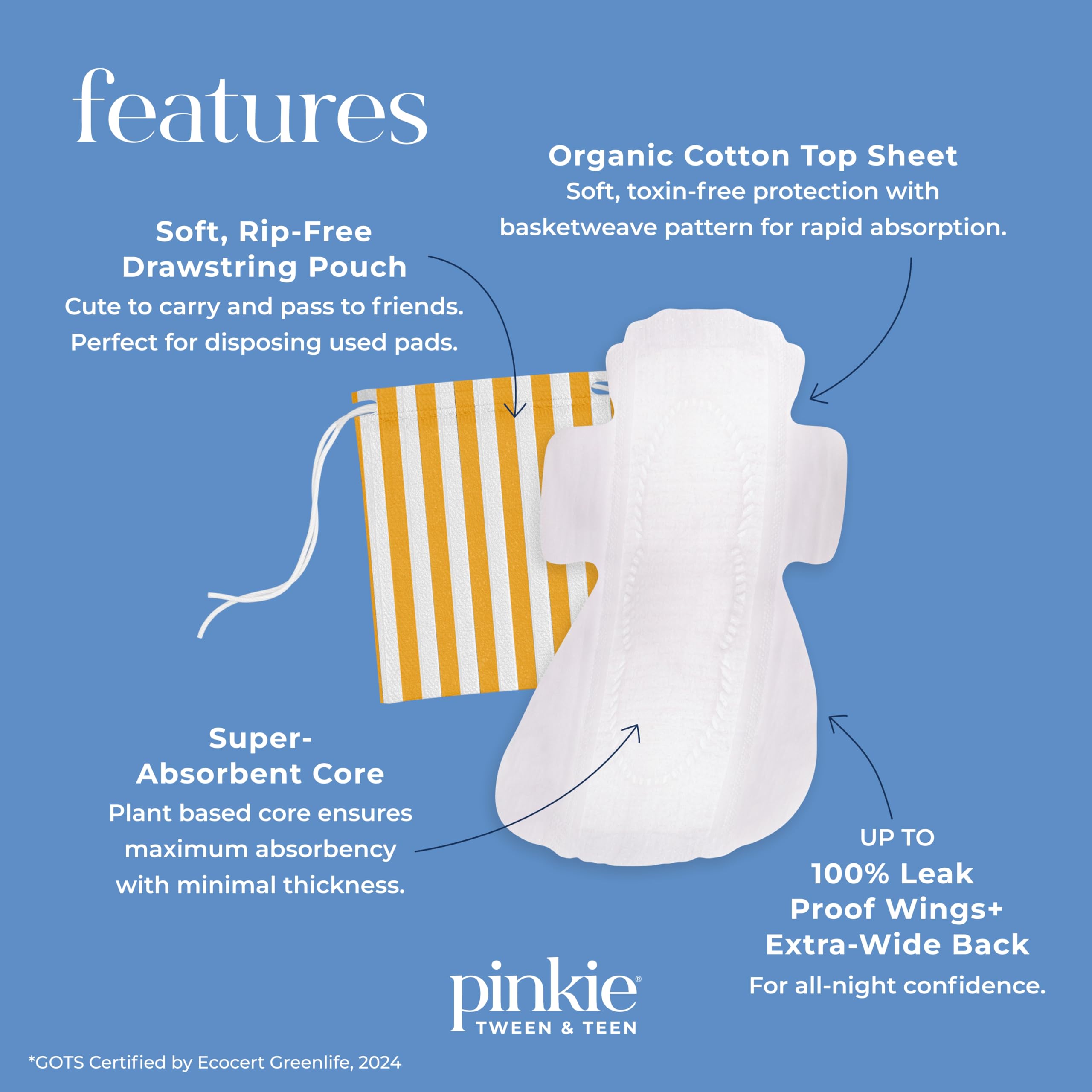 Pinkie organic cotton topsheet pad with soft, breathable surface.