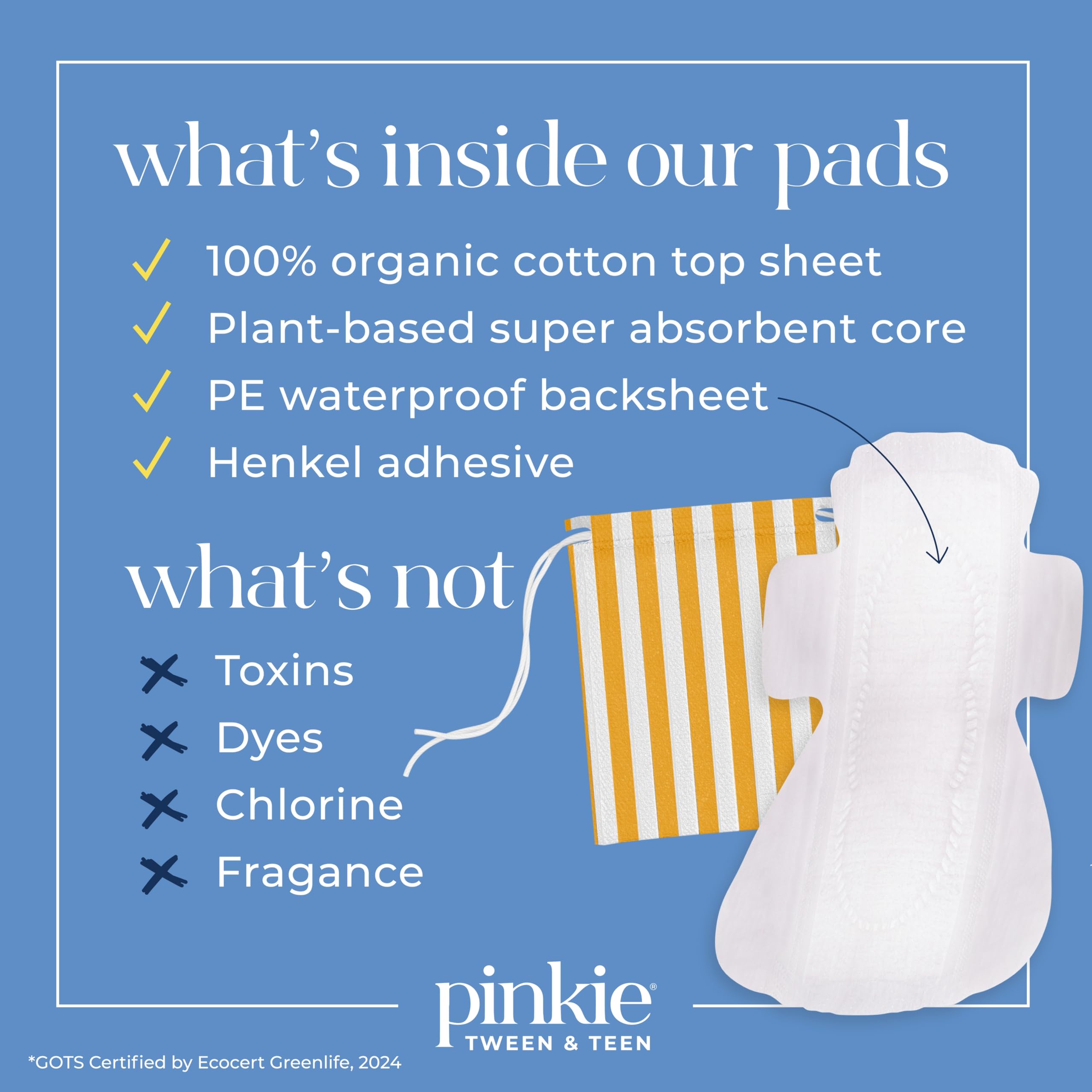 Pinkie ultra-thin pad with extra-wide back supports overnight use.