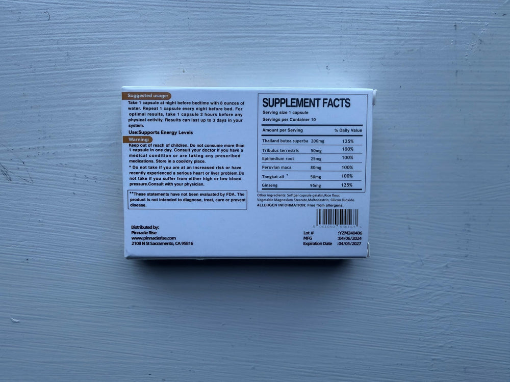 Pinnacle Rise capsules close-up, pure formulation for energy and endurance