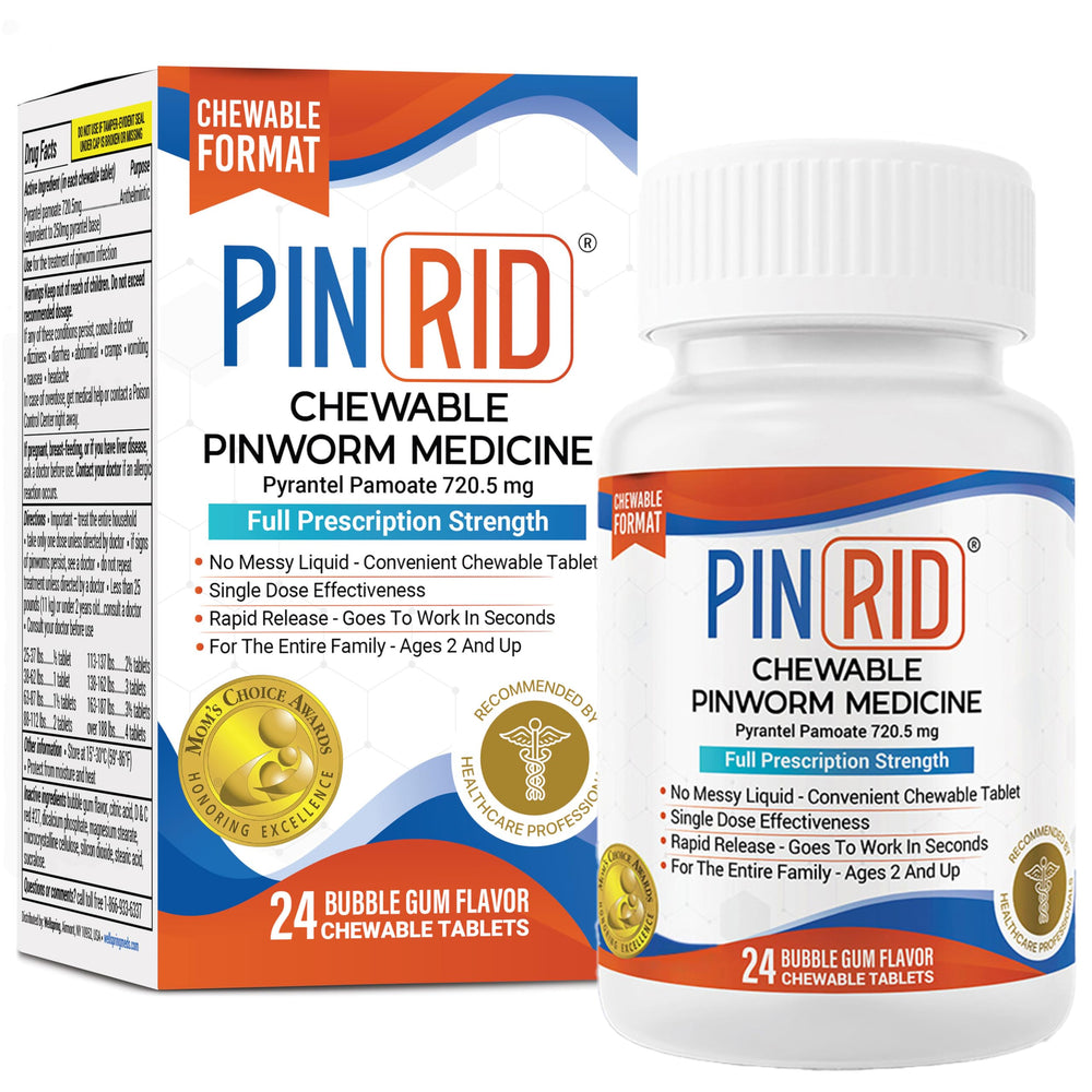 PIN RID bubblegum chewable tablet for family-safe pinworm treatment.