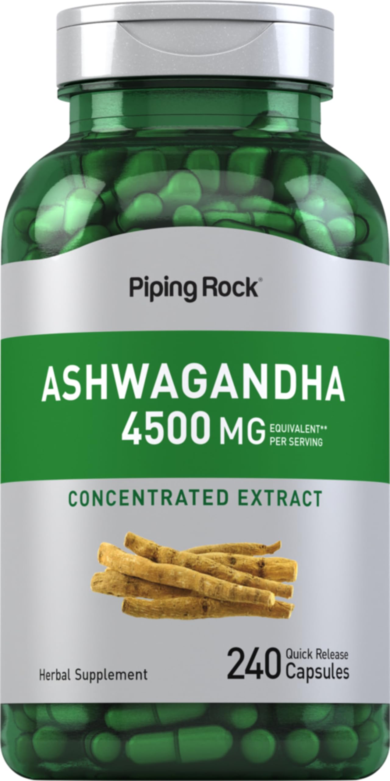 Piping Rock Ashwagandha 4500mg bottle promotes daily wellness with a potent herb.