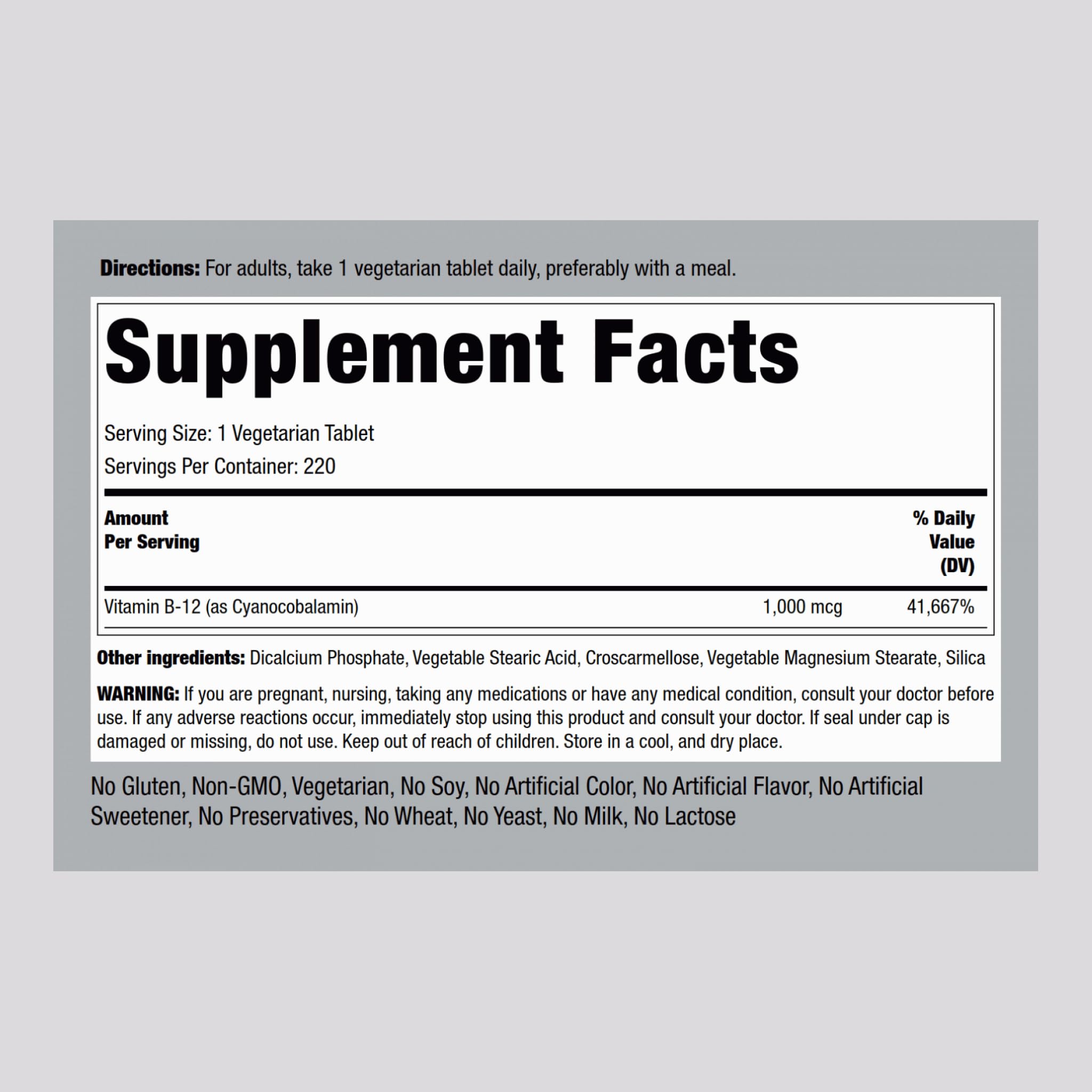 Piping Rock B12 1000 mcg bottle label detail and gluten-free claim