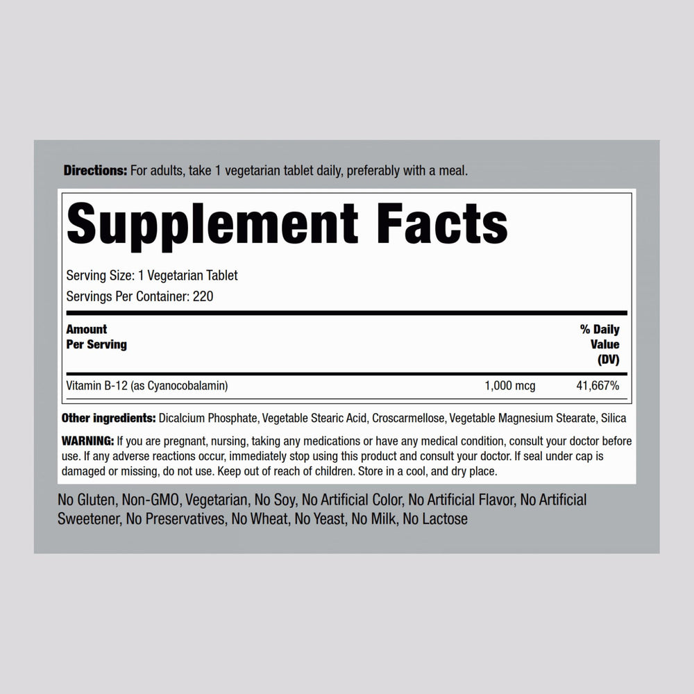 Piping Rock B12 1000 mcg bottle label detail and gluten-free claim