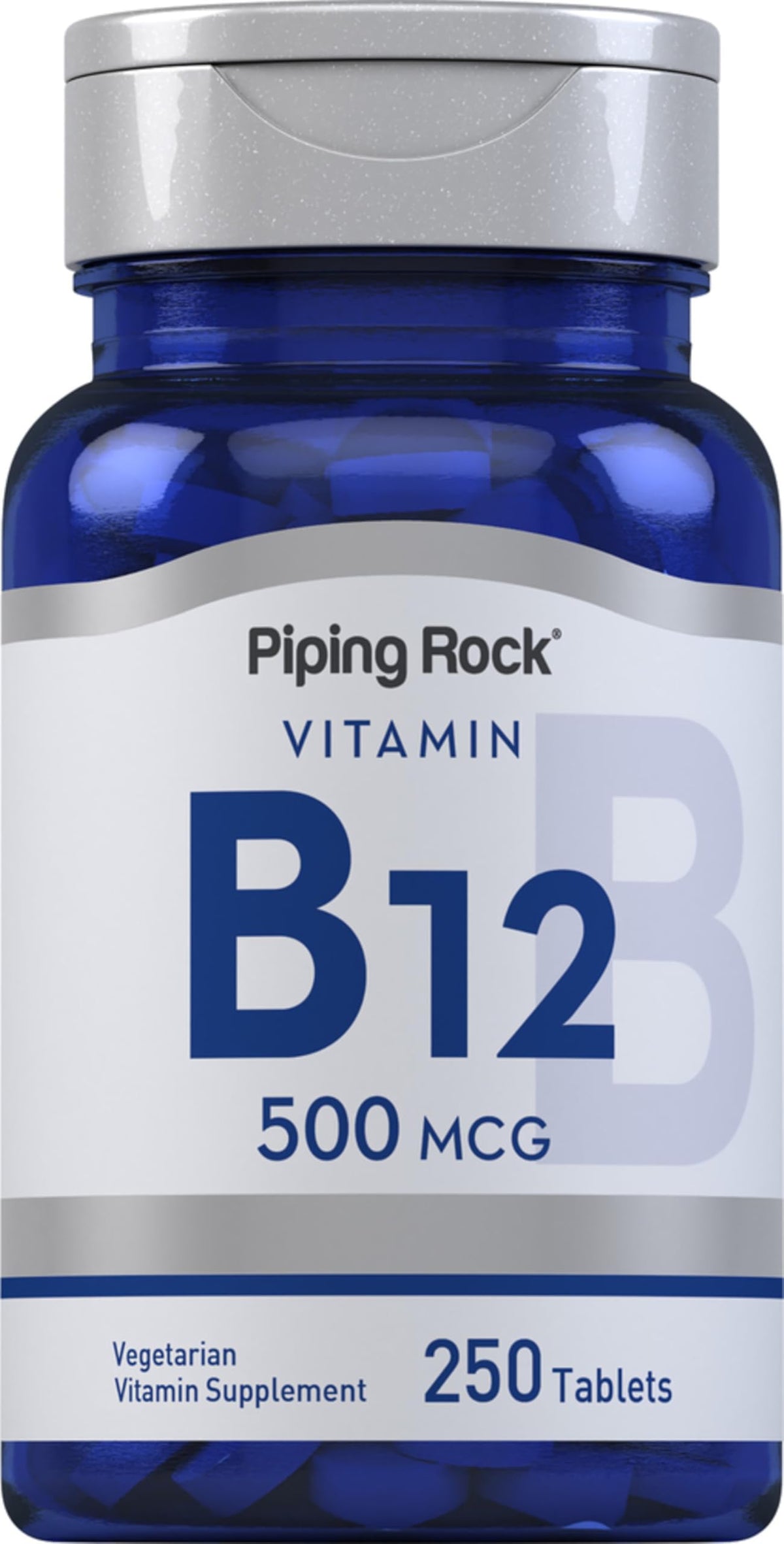 Piping Rock B12 bottle front view with high-potency 500 mcg for daily support.