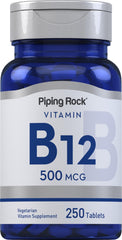 Piping Rock B12 bottle front view with high-potency 500 mcg for daily support.
