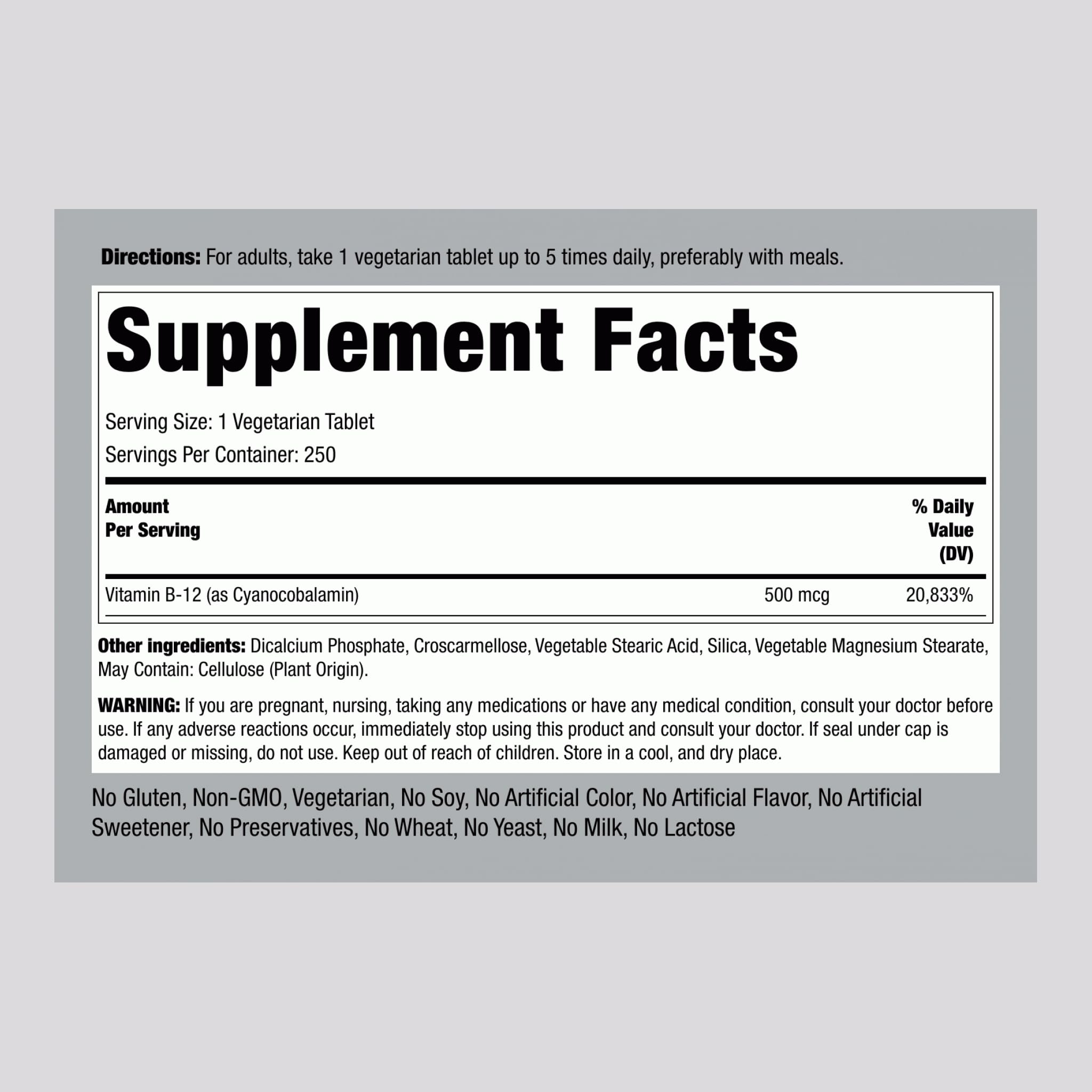 Piping Rock B12 bottle label showcases non-GMO gluten-free vegetarian cyanocobalamin.