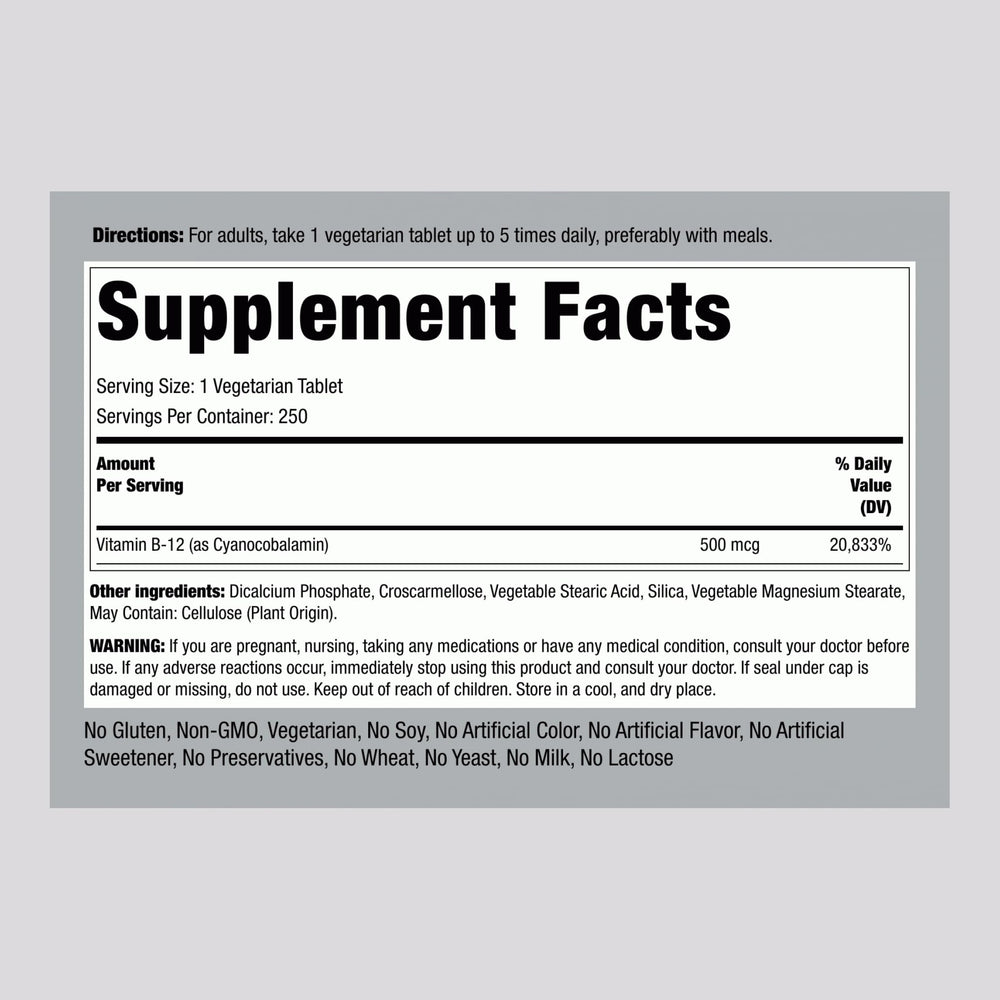 Piping Rock B12 bottle label showcases non-GMO gluten-free vegetarian cyanocobalamin.