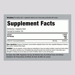 Piping Rock B12 bottle label showcases non-GMO gluten-free vegetarian cyanocobalamin.