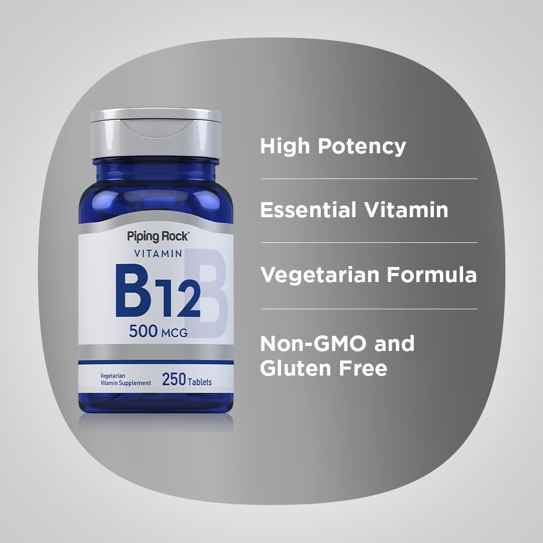 Piping Rock B12 bottle open showing evenly sized tablets for daily intake.