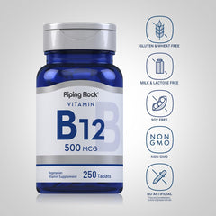 Piping Rock B12 capsules close-up highlighting 500 mcg potency for daily use.