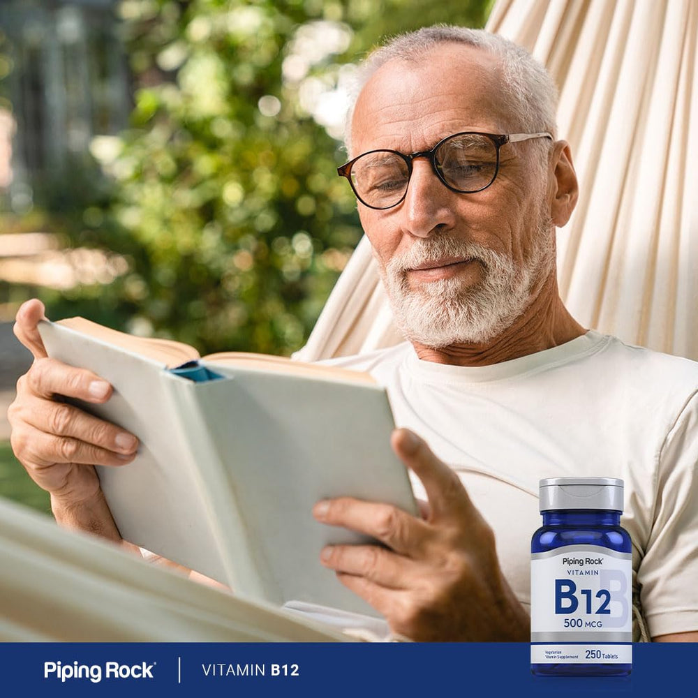 Piping Rock B12 pill-dispense emphasizes vegetarian cyanocobalamin from a trusted brand.