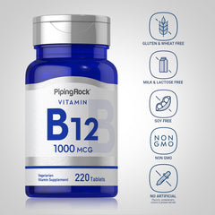 Piping Rock B12 tablets close-up, easy-to-swallow daily supplement