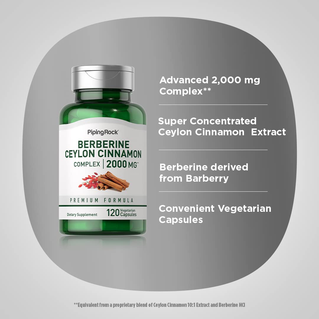 Piping Rock Berberine Cinnamon packaging highlights 2000 mg formula.
