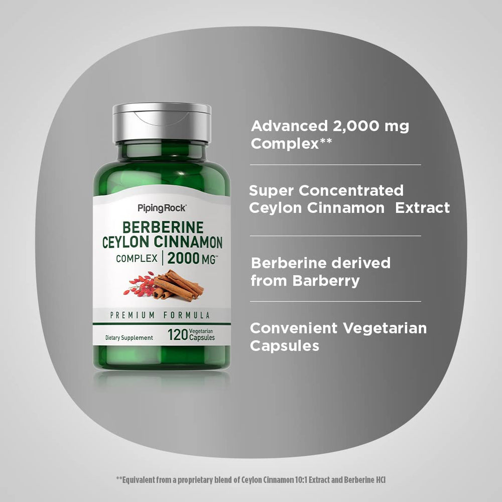 Piping Rock Berberine Cinnamon packaging highlights 2000 mg formula.