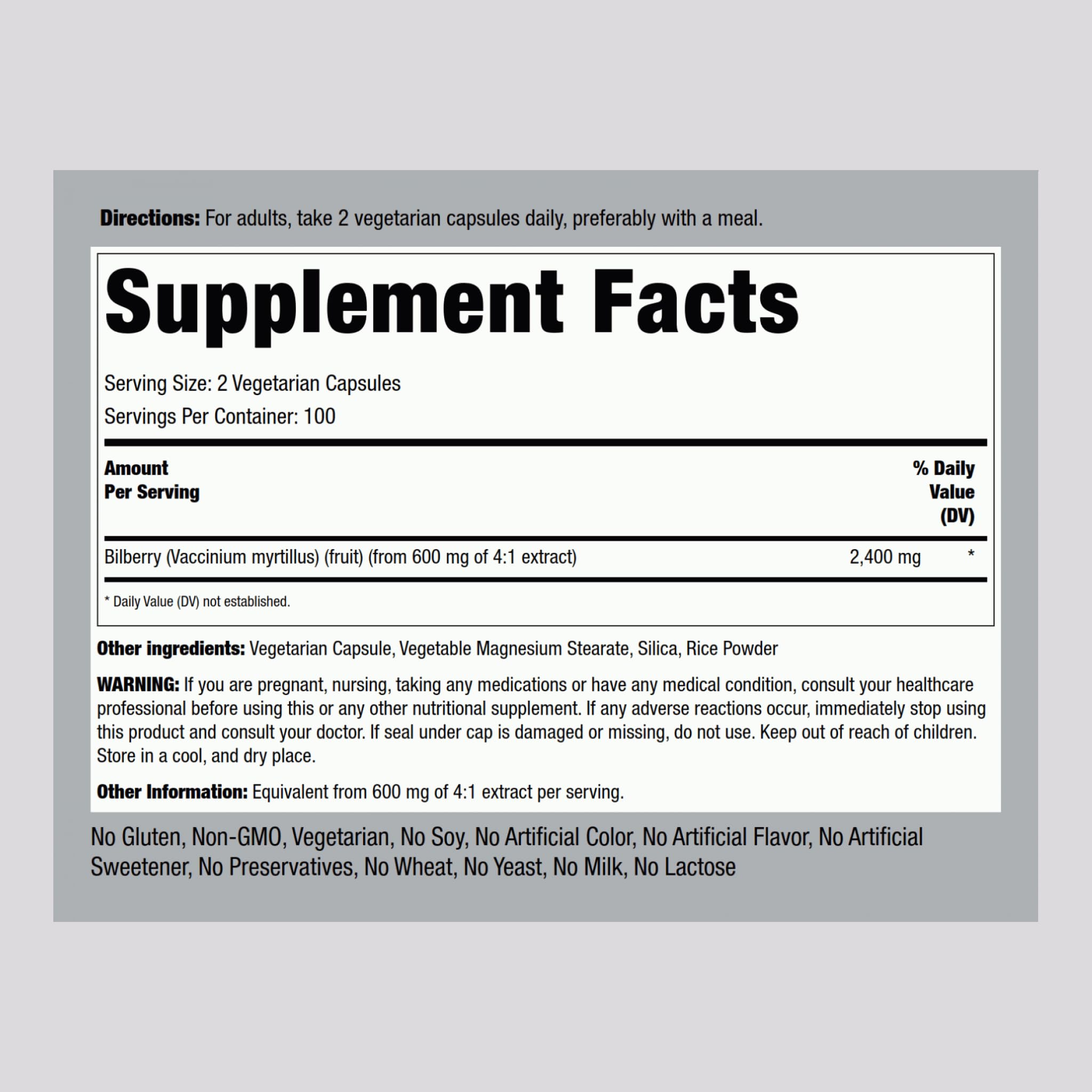 Piping Rock Bilberry Extract capsules label close-up highlighting vegetarian, gluten-free, non-GMO features
