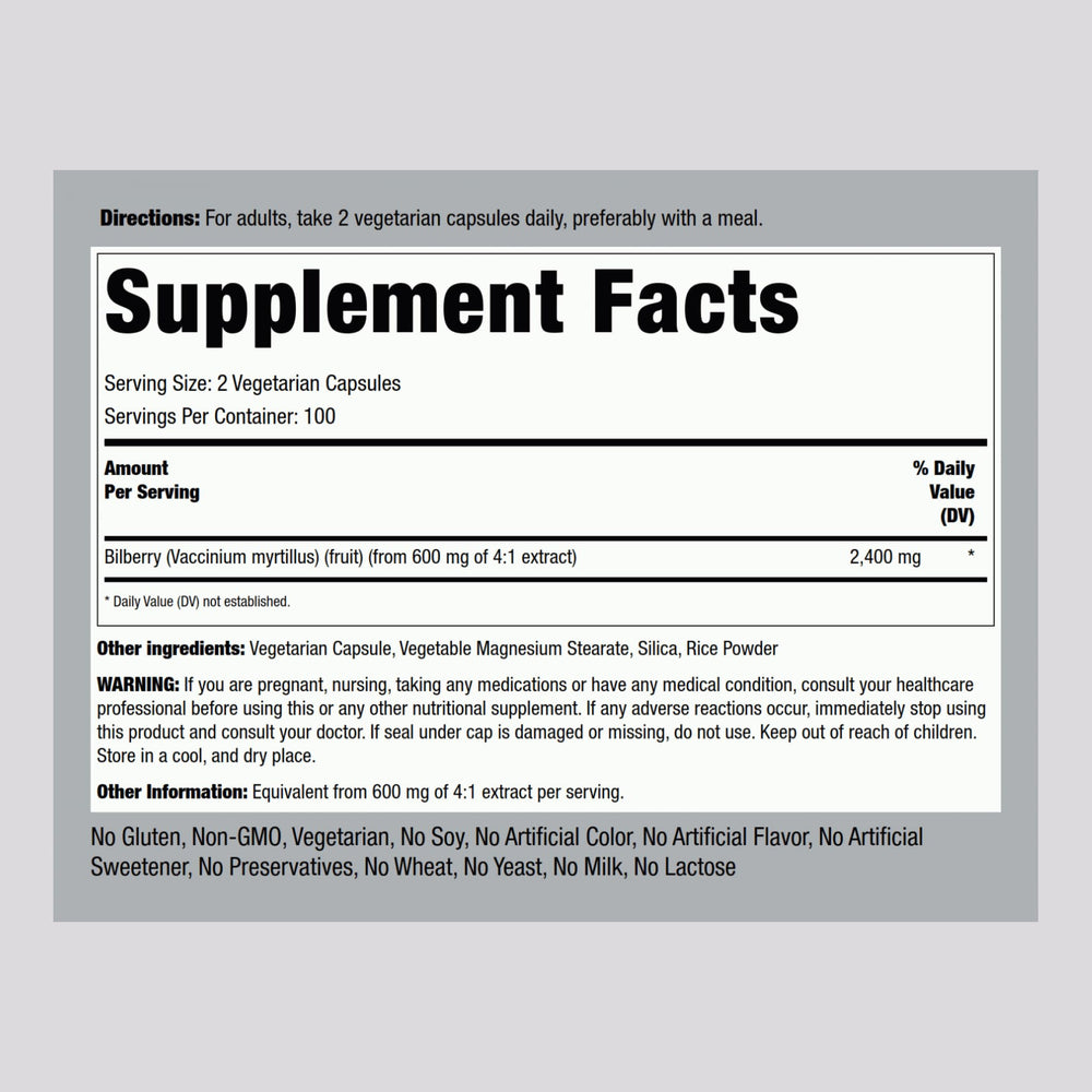 Piping Rock Bilberry Extract capsules label close-up highlighting vegetarian, gluten-free, non-GMO features