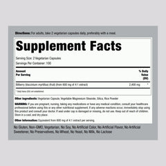 Piping Rock Bilberry Extract capsules label close-up highlighting vegetarian, gluten-free, non-GMO features