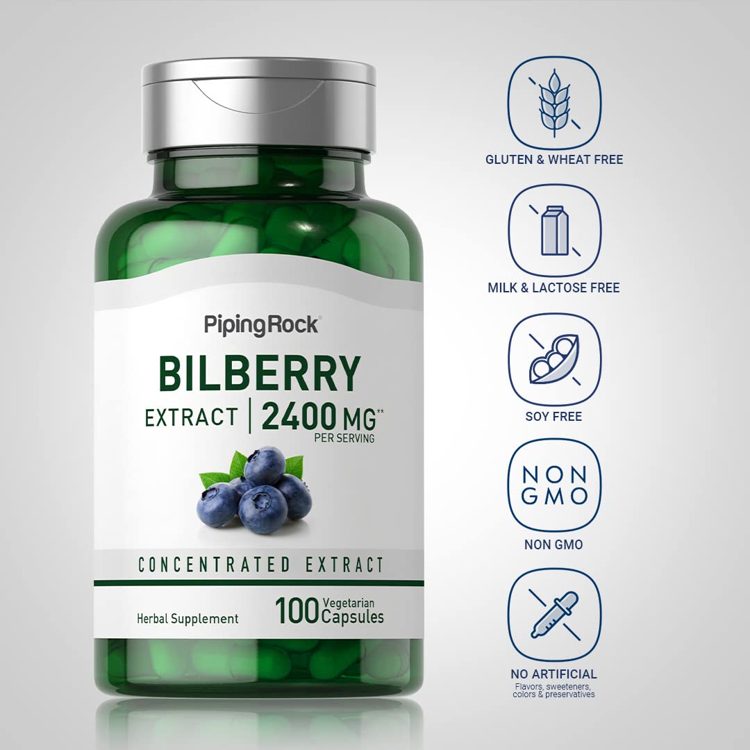 Piping Rock Bilberry Extract capsules package; convenient vegetarian supplement
