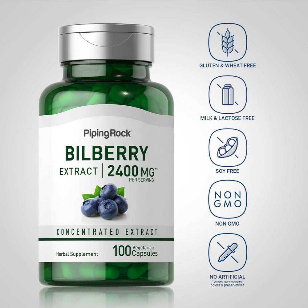 Piping Rock Bilberry Extract capsules package; convenient vegetarian supplement