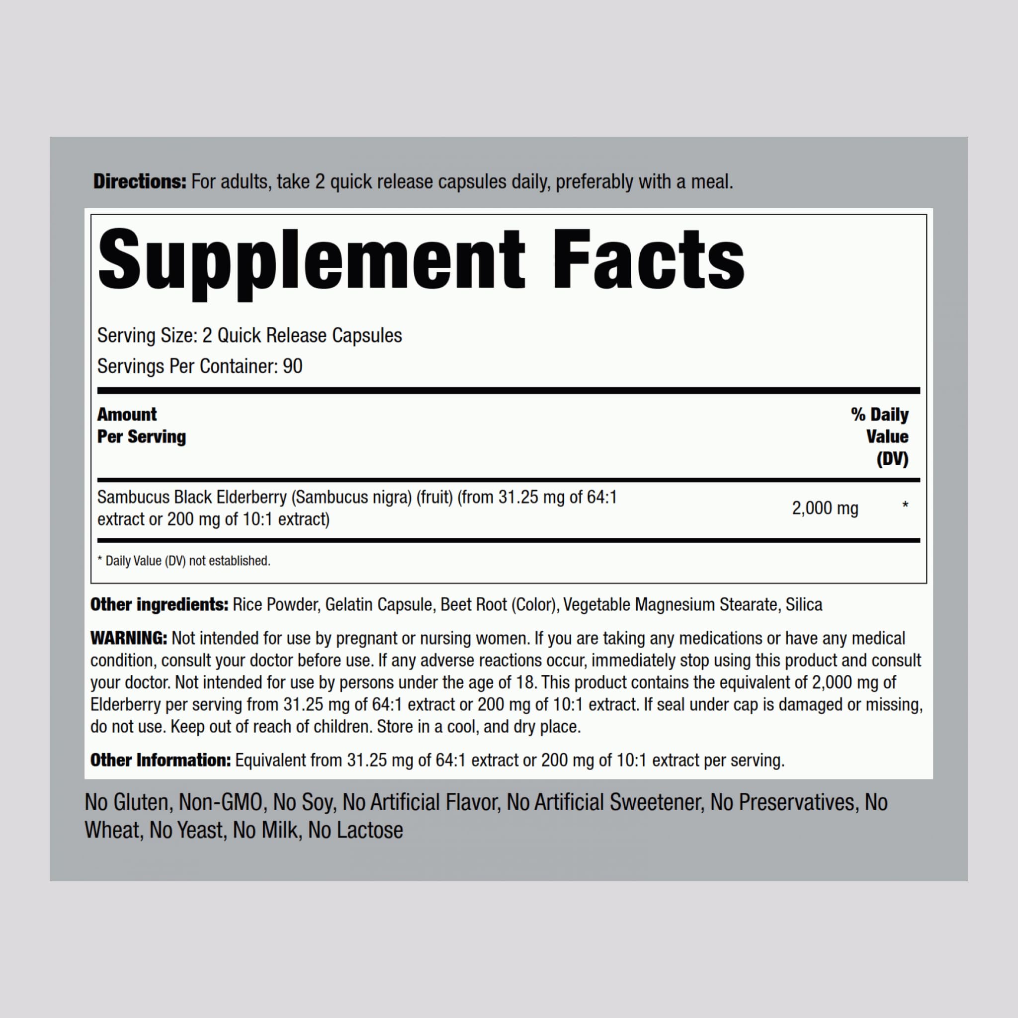 Piping Rock Black Elderberry Capsules bottle side highlights non-GMO and gluten-free ingredients.