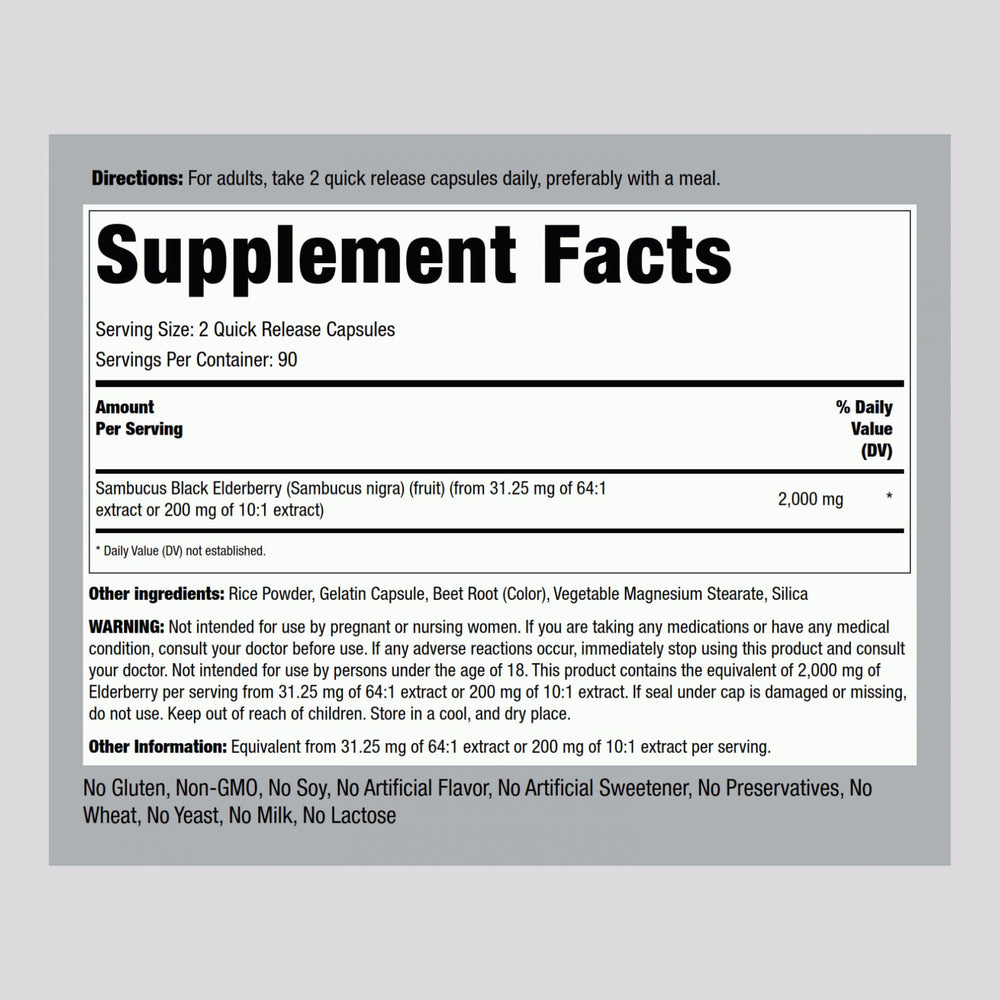 Piping Rock Black Elderberry Capsules bottle side highlights non-GMO and gluten-free ingredients.