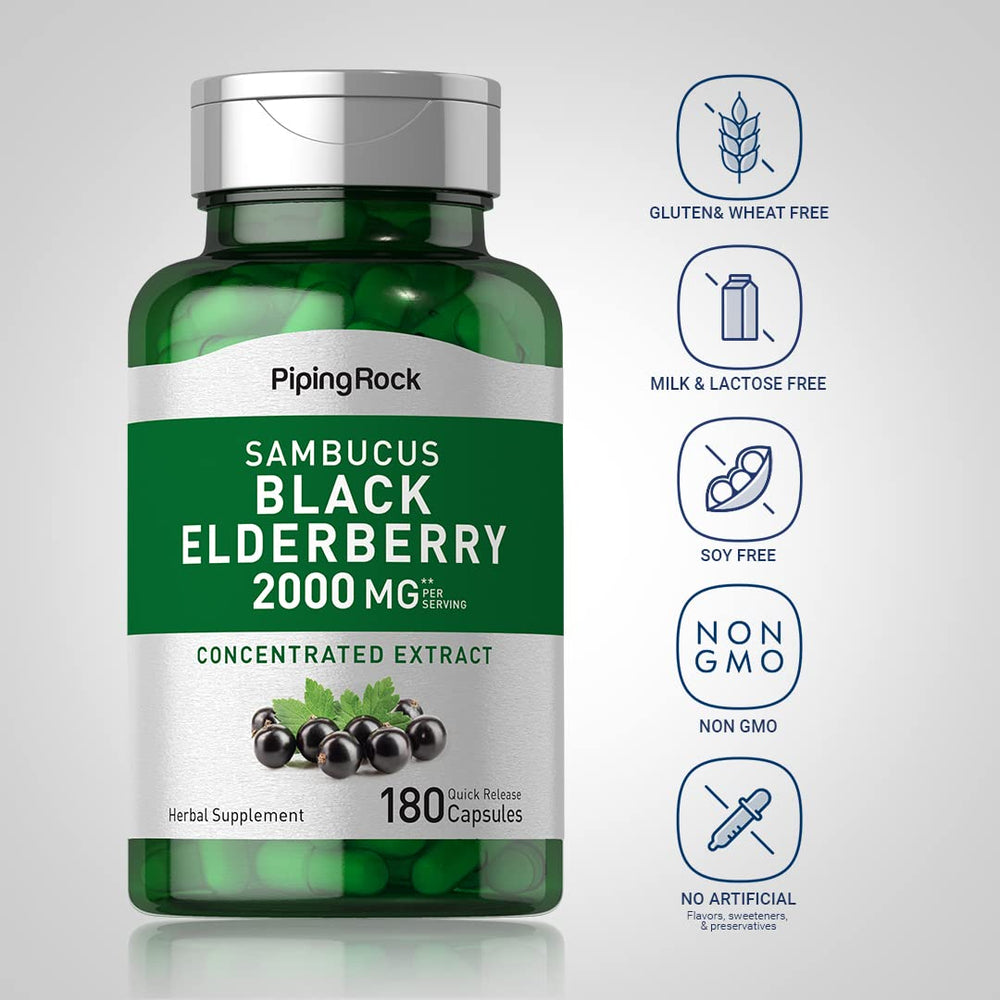 Piping Rock Black Elderberry Capsules capsules closeup emphasizing concentrated extract.