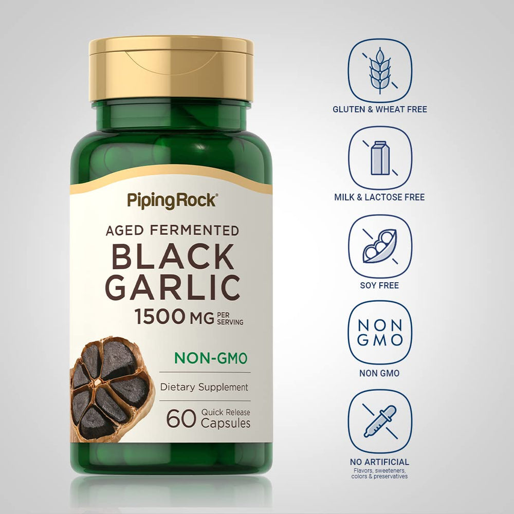 Piping Rock Black Garlic Capsules close-up of capsules emphasizing aging process.
