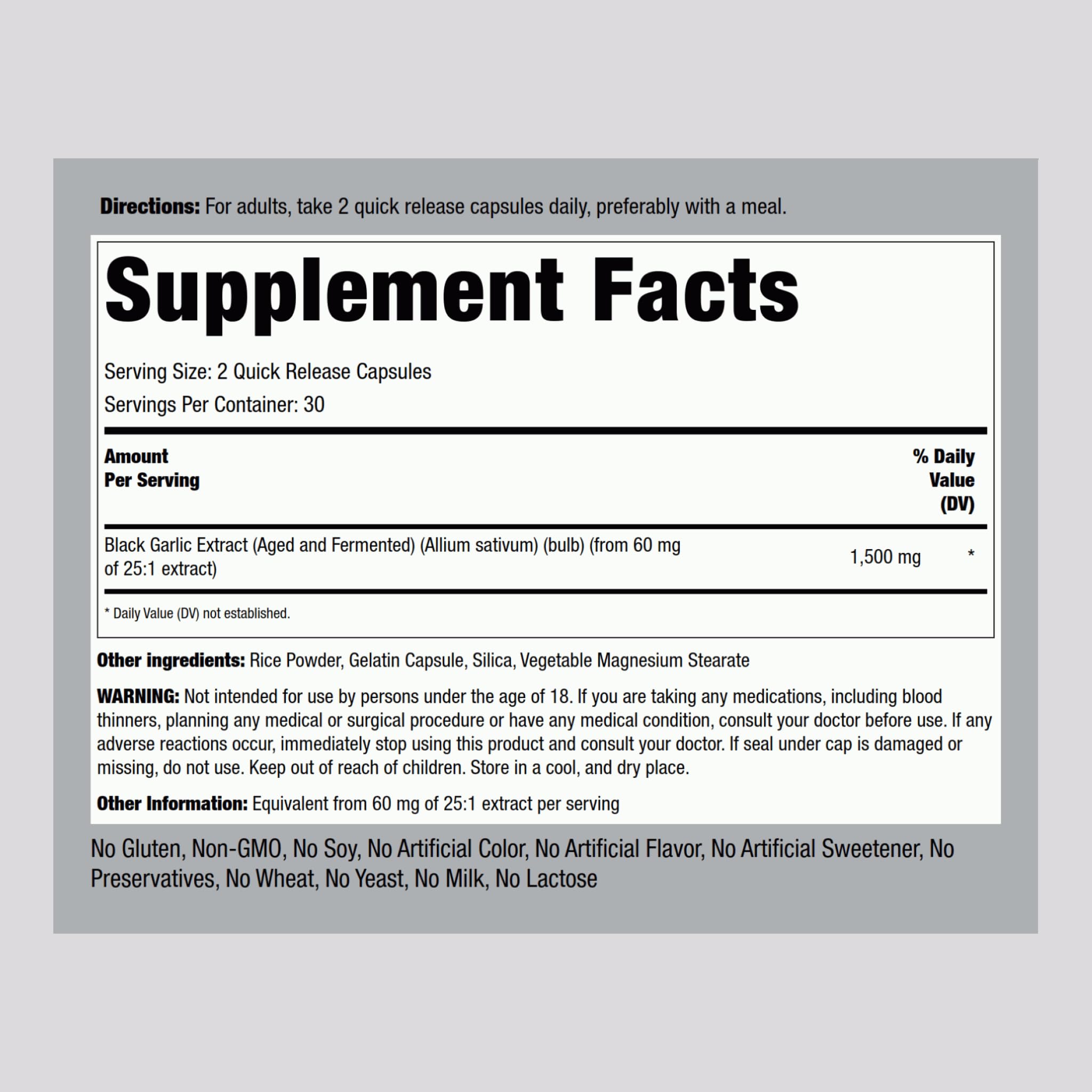 Piping Rock Black Garlic Capsules label highlighting strength and product details.