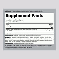 Piping Rock Black Garlic Capsules label highlighting strength and product details.